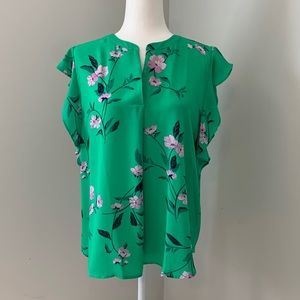 Ann Taylor Floral Green Split Neck Top